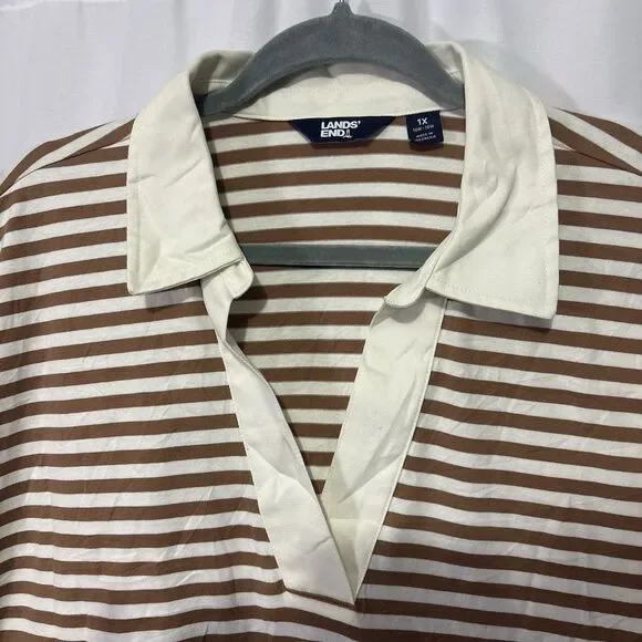 Lands End Polo Shirt Womens Brown White Stripe Long Sleeve Rugby Top 1X Preppy - Picture 3 of 8